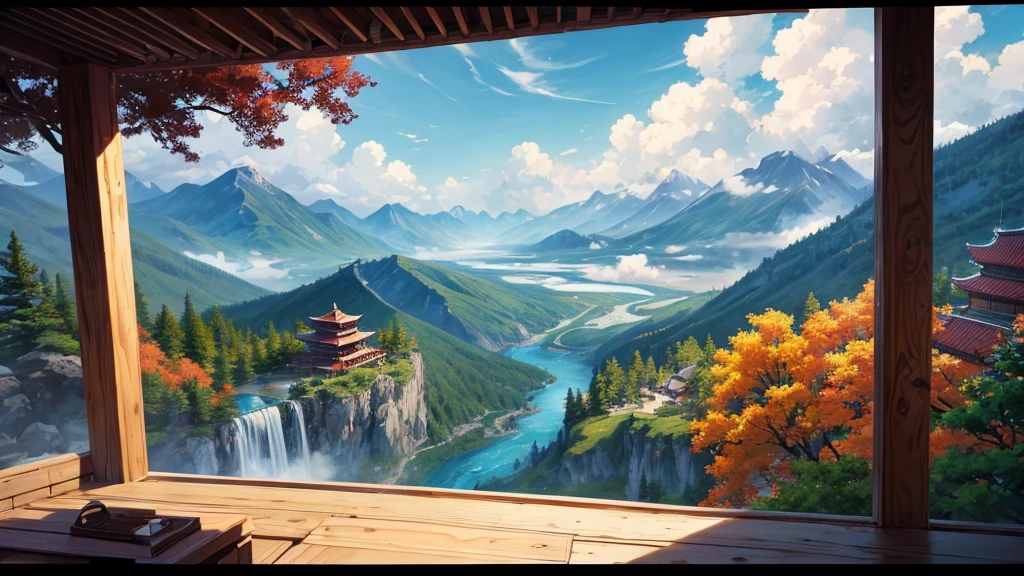 The painting depicts a traditional East Asian landscape with soaring rocky mountains studded with trees, The waterfall falls into the river flowing over the curved bridge, and many fall-colored trees at the foot of the mountain. In the sky there were two white birds flying and on the top of the mountain there was a small temple. The sky is painted gently to create the feeling of fog or clouds. The upper right corner of the picture has Chinese characters, could be the artist&#39;s signature or a poem related to the work.