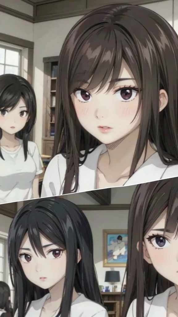Mommy with 4 daughters,black hair, long hair, messy hair, hair between eyes, chubby cheek,Sexy lips, pucker lips