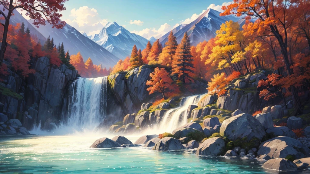 The painting depicts a traditional East Asian landscape with soaring rocky mountains studded with trees, The waterfall falls into the river flowing over the curved bridge, and many fall-colored trees at the foot of the mountain. In the sky there were two white birds flying and on the top of the mountain there was a small temple. The sky is painted gently to create the feeling of fog or clouds. The upper right corner of the picture has Chinese characters, could be the artist's signature or a poem related to the work.