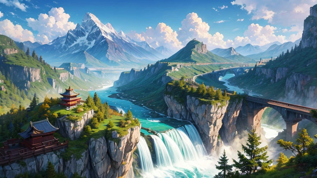 The painting depicts a traditional East Asian landscape with soaring rocky mountains studded with trees, The waterfall falls into the river flowing over the curved bridge, and many fall-colored trees at the foot of the mountain. In the sky there were two white birds flying and on the top of the mountain there was a small temple. The sky is painted gently to create the feeling of fog or clouds. The upper right corner of the picture has Chinese characters, could be the artist's signature or a poem related to the work.