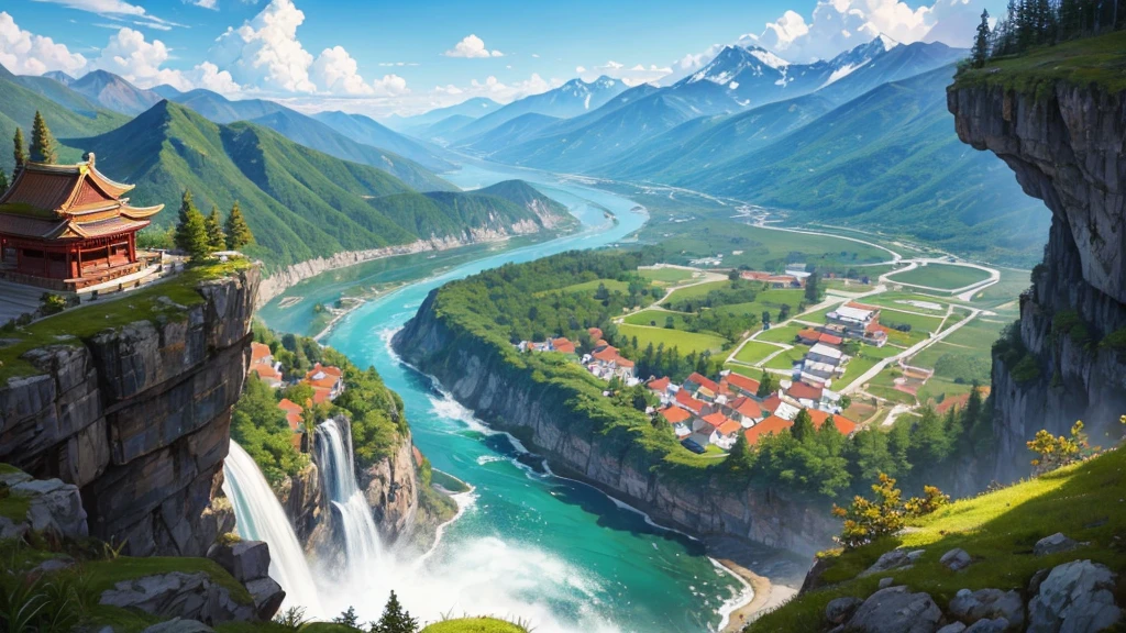 The painting depicts a traditional East Asian landscape with soaring rocky mountains studded with trees, The waterfall falls into the river flowing over the curved bridge, and many fall-colored trees at the foot of the mountain. In the sky there were two white birds flying and on the top of the mountain there was a small temple. The sky is painted gently to create the feeling of fog or clouds. The upper right corner of the picture has Chinese characters, could be the artist's signature or a poem related to the work.