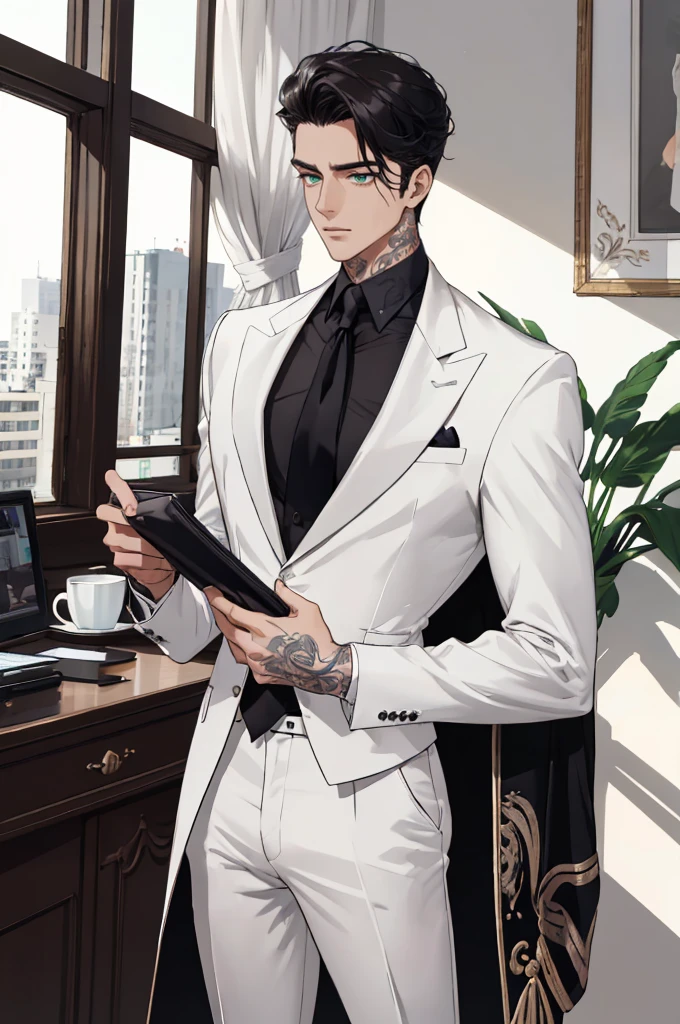 ((master part:1.2, best quality)), 4k, 1 homem, adulto, maduro, Handsome，1 male, 25 years old British male, decisive, graceful, tattooed, emerald eyes, black hair, white suit, black shirt, tie, British gentleman, white pants, office president, standing
Holding a cup of coffee in his hand, cabelos muito curtos, testa, terno branco,Rosto extremamente detalhado, corpo definido， (Muscle:1.4, ombros largos:1.4, corpo disciplinado)
