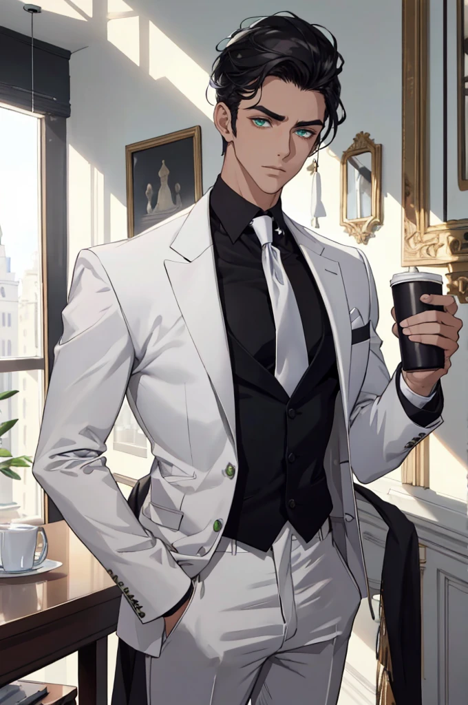 ((master part:1.2, best quality)), 4k, 1 homem, adulto, maduro, Handsome,1 male, 25 years old British male, decisive, graceful, tattooed, emerald eyes, black hair, white suit, black shirt, tie, British gentleman, white pants, office president, standing
Holding a cup of coffee in his hand, cabelos muito curtos, testa, terno branco,Rosto extremamente detalhado, corpo definido, (Muscle:1.4, ombros largos:1.4, corpo disciplinado)