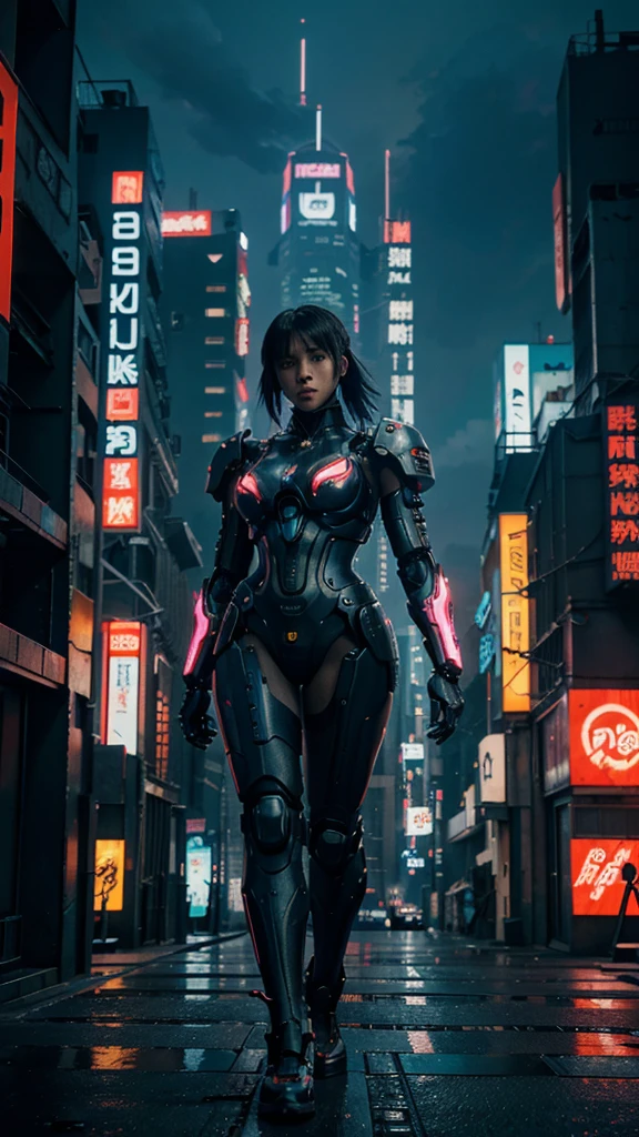 A cyberpunk anime scene, 2 people in a technologically advanced city with a giant mecha robot, hyper-detailed, intricate mecha design, dynamic cityscape background, vivid neon lights, moody cyberpunk atmosphere, realistic 8k rendering, masterpiece, cinematic lighting, photorealistic, striking colors, dramatic poses, ultra-detailed, hyper-realistic, beautifully designed characters, futuristic technology, complex machinery, stunning mecha aesthetic, vibrant cyberpunk style, masterfully crafted digital art, awe-inspiring anime visuals, high quality anime illustration, incredible attention to detail, visually stunning, complex and immersive cyberpunk world