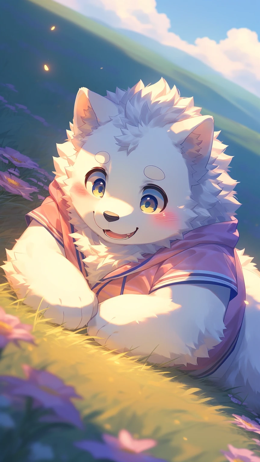 (Imagine:1.5), solitary, anthropology, hairy, hairy male, Samoyed, ((Fluffy fur, Fluffy, hairy body)), (Samoyed print), (thick eyebrows), youth, muscular, The skin is white and big, Blue-gray pupils, Detailed teeth, , sideways, 害羞expression, 淡淡的Smile, blush, (動態posture:1.5), clear facial features, strong, majestic, solitary, panoramic, Fog atmosphere, early morning, Tyndall light effect, (author:ghost of emptiness, From Samoyed20, masterpiece, high quality, High resolution,8K)Animal species**:Samoyed- **expression**:Smile,blush - **decorate**:Blue and pink wreath - **posture**:(lying down:1.2),Hand reaching for the camera - **Scenes**:green grassland - **detail**:There are flowers of various colors on the grassland - **visual angle**:俯視 - Samoyed(lying on the grass:),從俯visual angle度看過去。 - Samoyed的頭部微微傾斜,臉上帶著Smile,There is a slight blush on the cheeks。 - One hand reaches towards the camera,Seems to be greeting the audience。 - Wearing a wreath of blue and pink flowers on her head。 - There are flowers of various colors on the grass,background soft tones,Bright colors。(Pink sweatshirt:)Male Male Male Male (Looking down from a distance:1.2) (night:1 .2) (firefly:1.2) Male Male