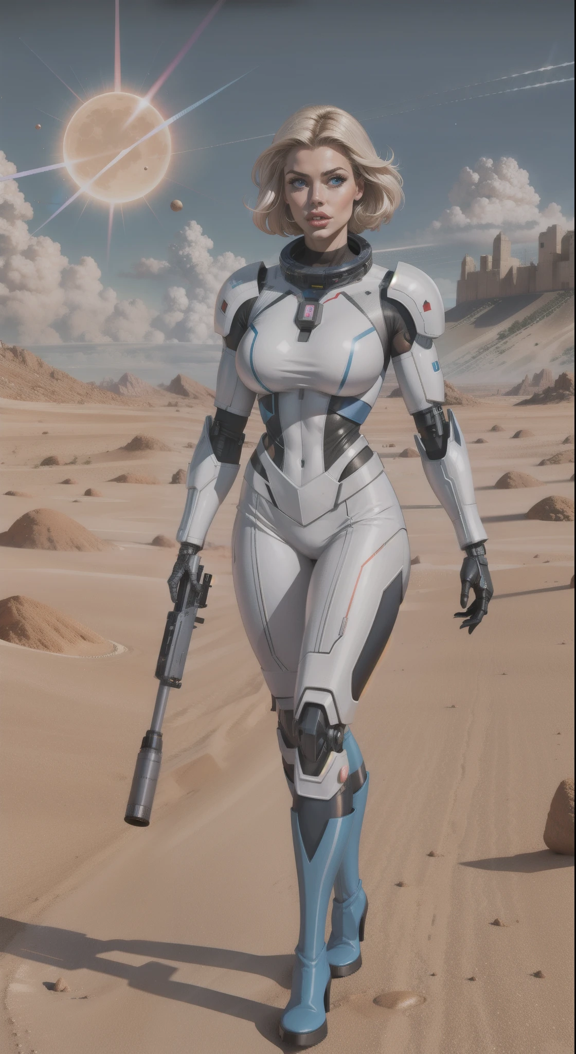 High resolution image of very muscular man with white skin blond, showing full body, breasts big, big-ass, wearing futuristic space cyborg outfit, walking on deserted Mars, With Sun, holding a laser machine gun, looking at camera, perfect italian style face, fine nose, pink mouth lips, cloused mouth, well-defined eyes with blue irises, show legs, wearing futuristic cyborg boots, 8K ultra resolution.