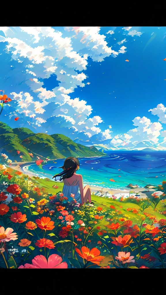 anime girl sitting on a hill overlooking the ocean and flowers, anime beautiful peace scene, beautiful anime scene, beautiful anime scenery, beautiful anime, anime nature, makoto shinkai cyril rolando, anime nature wallpap, beautiful anime artwork, anime scenery, anime landscape, beautiful anime art, anime art wallpaper 4k, anime art wallpaper 4 k, anime background art