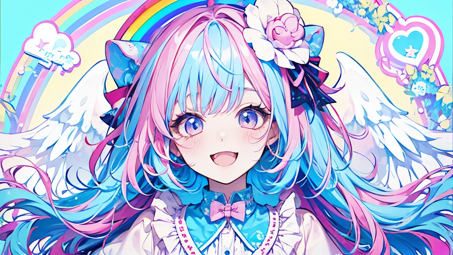 chibi character,Rabbit motif,(brush),((cute,kawaii,wonderland)),((pastel color)),((Cute assortment)),(Shy laugh),Shiny pink hair,(Rainbow),((Angel:1.2)),((I love hold:1.25))