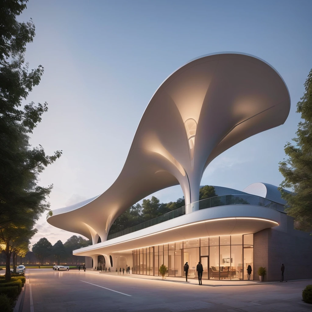 Alafi structure with curved roof and glass walls, by Zha Shibiao, inspired by Zha Shibiao, in style of zaha hadid architect, Inspired by Joao Artur da Silva, Rendering, architectural Rendering, 建筑Rendering, conceptual Rendering, By Jang Seung-eop, Smooth architecture, Curved Building