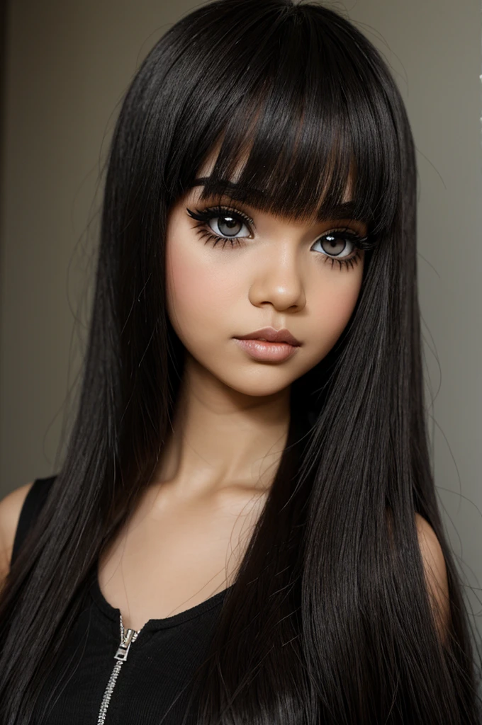 Blythe doll straight hair and black bangs, light skin, lip piercing, dark brown eyes, eye makeup with eyeliner y2k