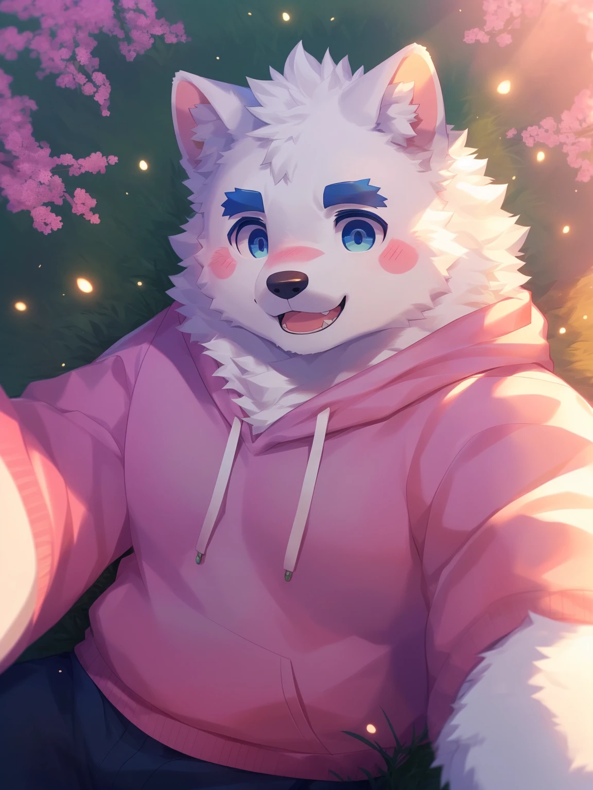 (Imagine:1.5), solitary, anthropology, hairy, hairy male, Samoyed, ((Fluffy fur, Fluffy, hairy body)), (Samoyed print), (thick eyebrows), youth, muscular, The skin is white and big, Blue-gray pupils, Detailed teeth, , sideways, 害羞expression, 淡淡的Smile, blush, (動態posture:1.5), clear facial features, strong, majestic, solitary, panoramic, Fog atmosphere, early morning, Tyndall light effect, (author:ghost of emptiness, From Samoyed20, masterpiece, high quality, High resolution,8K)Animal species**:Samoyed- **expression**:Smile,blush - **decorate**:Blue and pink wreath - **posture**:(lying down:1.2),Hand reaching for the camera - **Scenes**:green grassland - **detail**:There are flowers of various colors on the grassland - **visual angle**:俯視 - Samoyed(lying on the grass:),從俯visual angle度看過去。 - Samoyed的頭部微微傾斜,臉上帶著Smile,There is a slight blush on the cheeks。 - One hand reaches towards the camera,Seems to be greeting the audience。 - Wearing a wreath of blue and pink flowers on her head。 - There are flowers of various colors on the grass,background soft tones,Bright colors。(Pink sweatshirt:)Male Male Male Male (Looking down from a distance:1.2) (night:1 .2) (firefly:1.2) Male Male