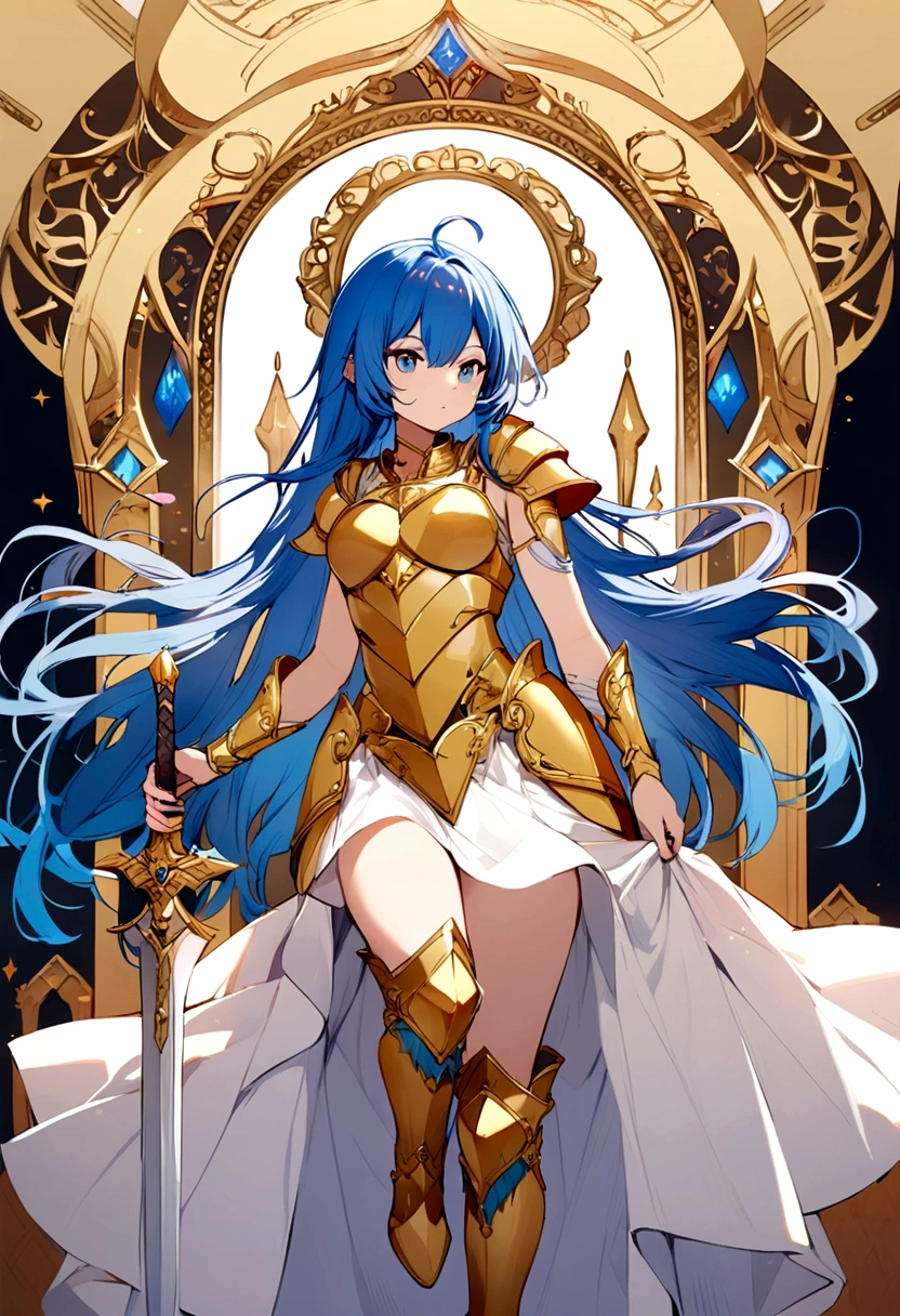Warrior Girl, Long blue hair with an ahoge, golden torso sleevless armor, long gold boots, white skirt, with a short Sword
