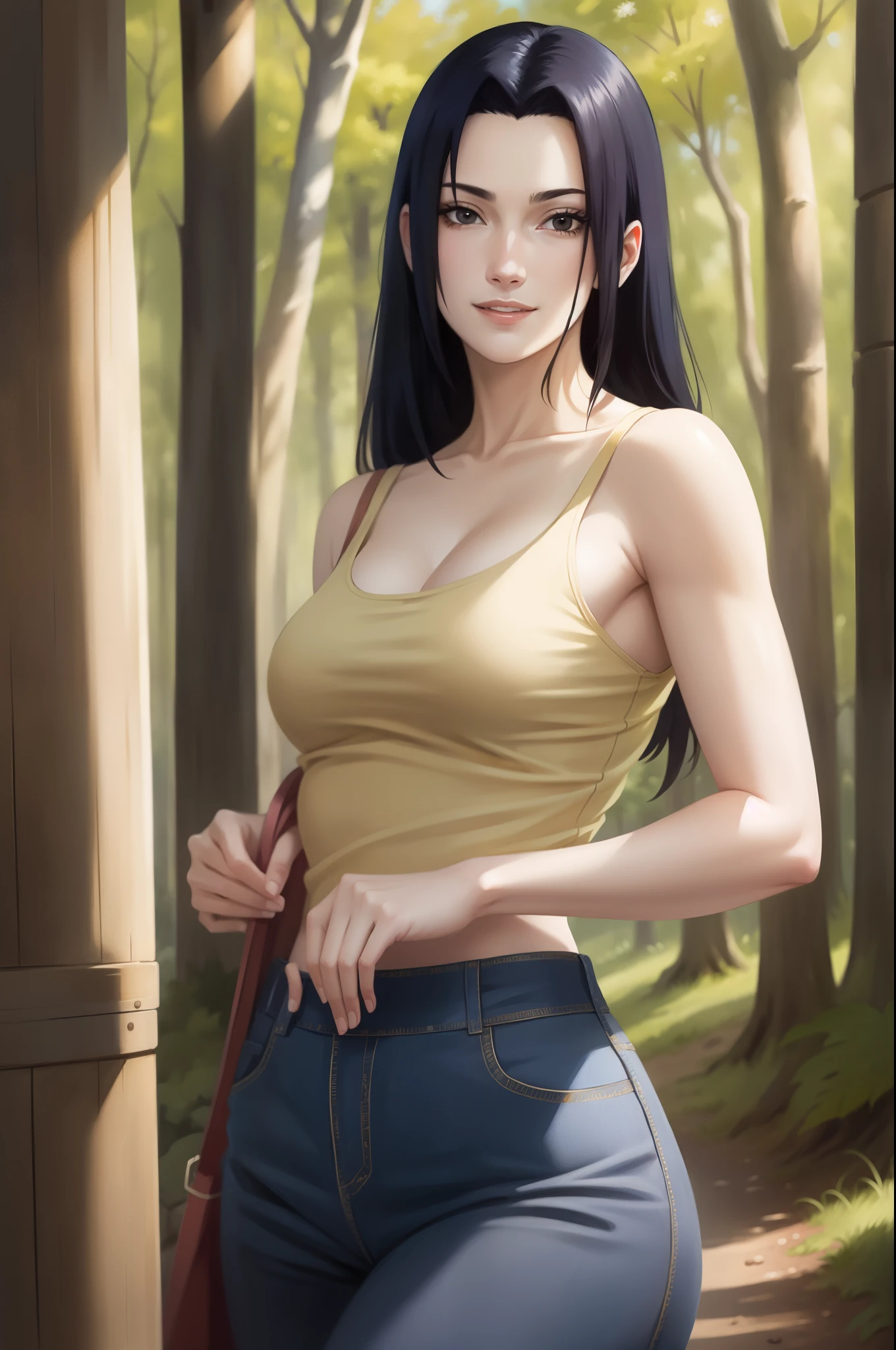 Mikoto Uchiha, oil painting, ultra-detailed, realistic, portrait, vivid colors, soft lighting, (best quality,4k,8k,highres,masterpiece:1.2), professional, long black hair, black eyes, beautiful detailed eyes and face, extremely detailed smile, long eyelashes, looking at viewer, very short top, big ass, bare shoulders, white shorts, outdoors, forest, cowboy shot, clavicle.