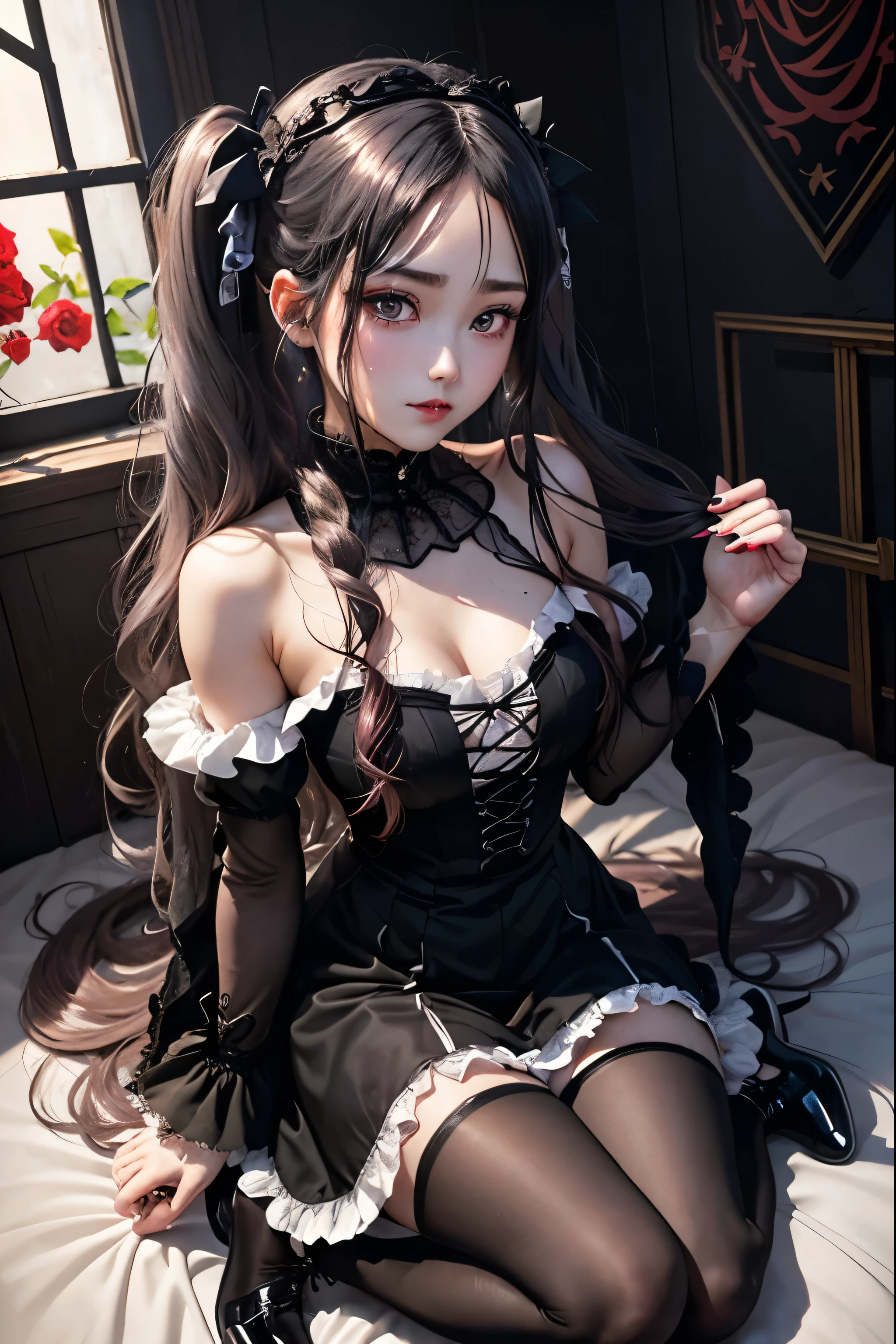 Hard Dark Gothic Makeup、Black dark eyeshadow、sad、Good skin radiance、Dark Gothicメイク、Dark smile、palace、The beauty of fragrance、24-years-old、Expression of intense sexual pleasure、Embarrassed look、Dark Gothic、Highest quality、Expression of sexual pleasure amid suffering、Drunk face、紫のMaid clothes、Mysterious、Noble、The face of someone holding it in the toilet、sexy、Loving smile、Twin tail hair、Right blue eye, Left eye is red、Super tempting pose、Platform Heel Shoes、Heavy makeup、Gothic ta clothes、Silver Hair、Long Hair Straight Hair、Cute Gothic Loliress、Beautiful Face、elegant features、Attractive face、Stained glass is the background、Chest glistening with sweat、The room is dark、goth long dress、Bell Sleeves、Wizard Sleeve、Decadent look、Sexually excited expression、Glossy thighs wet with water、Thighs that are wet and shiny with oil、Background of a room full of roses、sad expression、Rose Maiden、The embroidery is pink、The dress has pink embroidery.、Thigh-high socks、Knee-high socks、Gentle expression、Dark black eyeshadow、Stained glass and rose background、thighs are a little thin、Female Duo、Female couple、dark church background、Stained glass、Black metal world、Dark Castle、Dark Room、Slender body、gothic long dress、Victorian dress、Small breasts、Hold the wine in your right hand、Hold the lantern in your left hand、pantyhose、Sit on the bed、The bed is covered with roses、Lying in bed、Her thighs are shining with sweat、My body is wet and shiny、Lots of glitter on the thighs、sweating、My thighs are sticky from sweating、Sweat glistening on my thighs, The whole body is sweaty and shiny、I sweated a lot.、My thighs are sweaty、My thighs are wet、My thighs are shining with sweat、A lot of sweat glistening all over the body、Slender body、Sleep and lie down、Are sleeping、