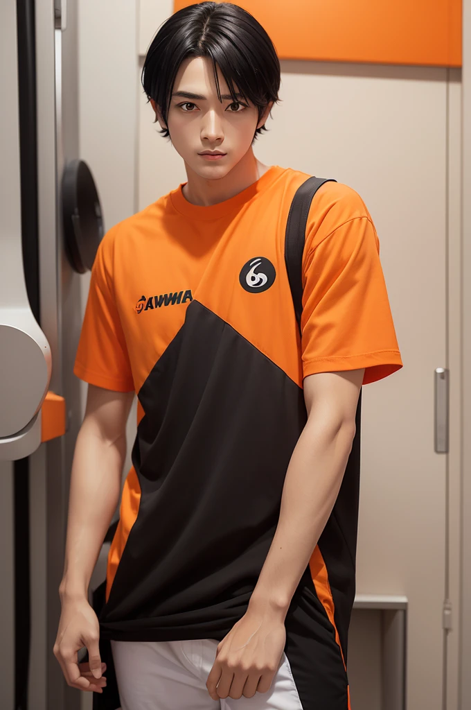 A male character in orange clothing with the Kawai logo shiny eyes black hair