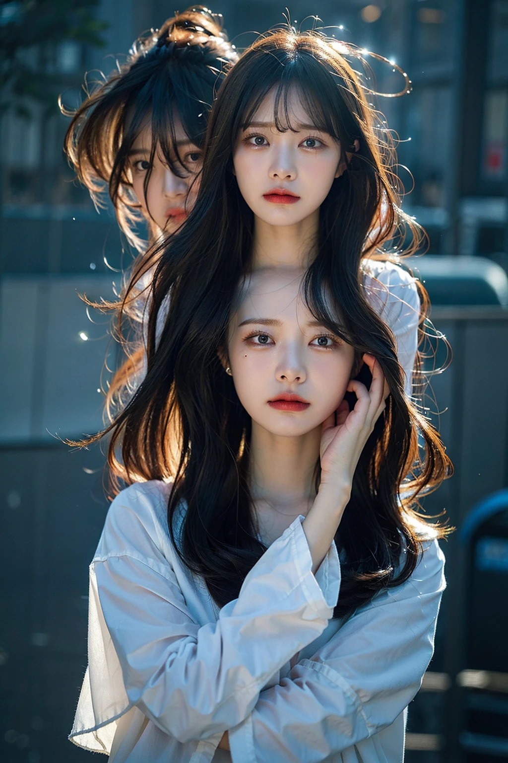 (best quality, masterpiece), 1 woman, looking down, wind, particle, simple background, dark mood, upper body, Sad woman sobbing
