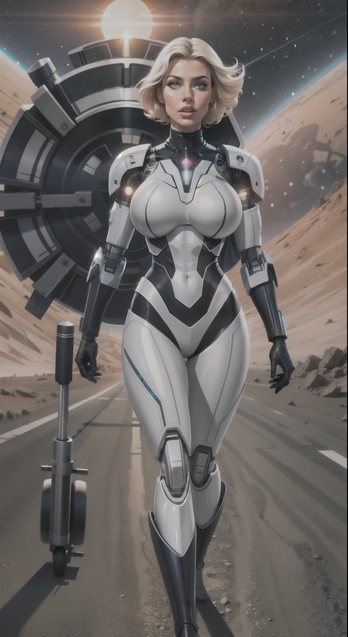 High resolution image of very muscular man with white skin blond, showing full body, breasts big, big-ass, wearing futuristic space cyborg outfit, walking on deserted Mars, With Sun, holding a laser machine gun, looking at camera, perfect italian style face, fine nose, pink mouth lips, cloused mouth, well-defined eyes with blue irises, show legs, wearing futuristic cyborg boots, 8K ultra resolution.