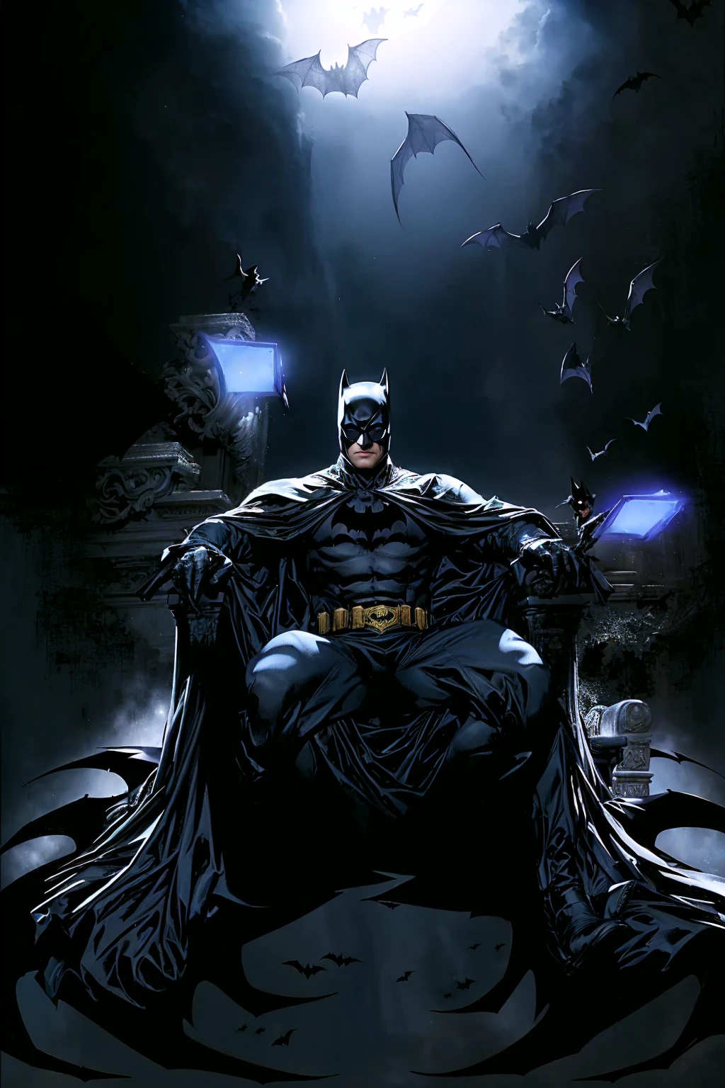 bat Man sitting on a throne with bats flying around, b