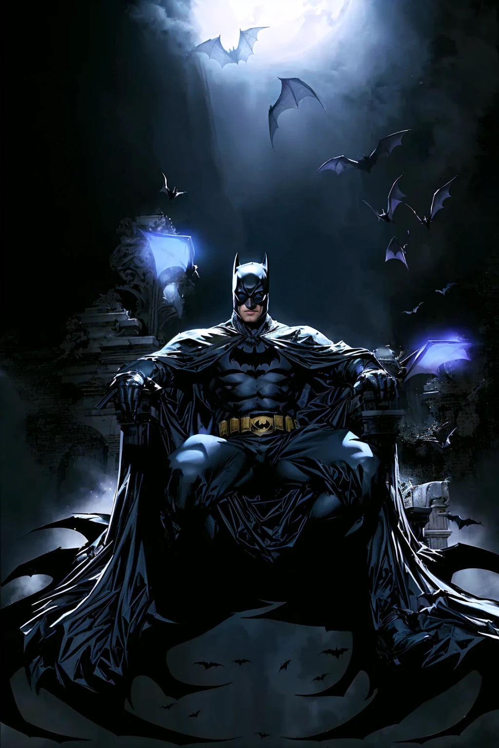 bat Man sitting on a throne with bats flying around, b