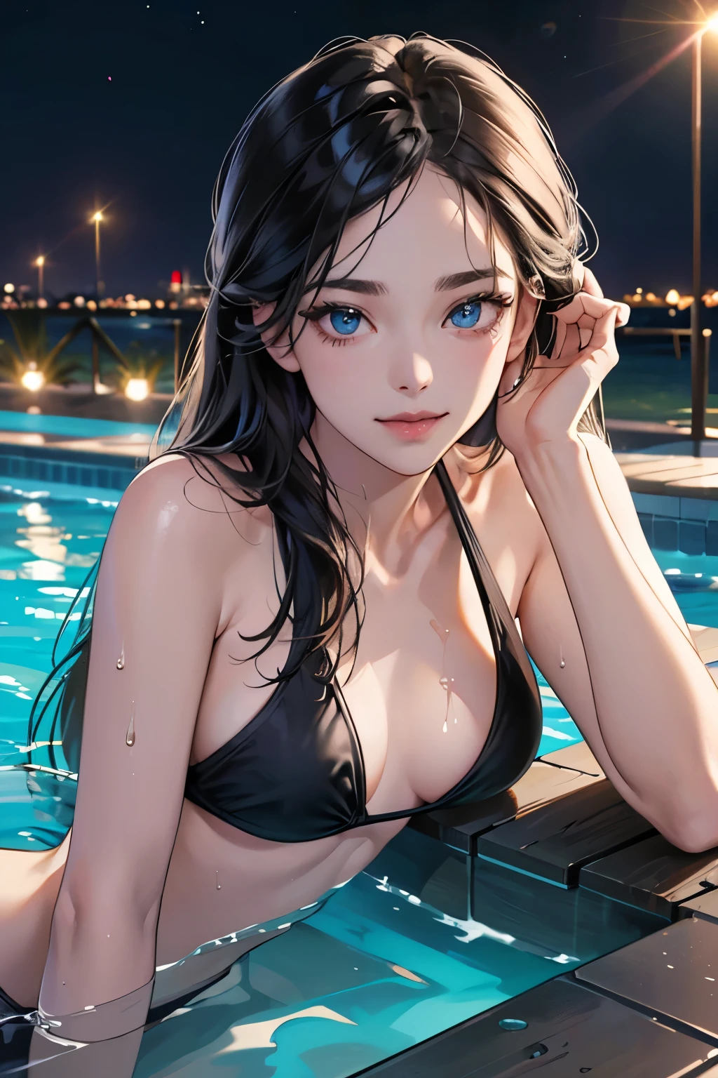 (Tabletop, Digital Art, Digital Illustration, 4K, 8K, Very detailed, Beautiful images, Clear images, Realistic, RAW Photos, Perfect Face, Perfect Lines, Perfect Eyes, Big eyes、Soft lighting) ,flat chest, blue eyes, forehead, black hair, long hair, masterpiece, best quality, 1 girl, 独奏, black bikini, Halter Bikini, beach,(shallow pool:1.3), (wet:1.1), water drops, pool, city lights,night sky,botanical, wine , clink , wine glass,seductive smile,