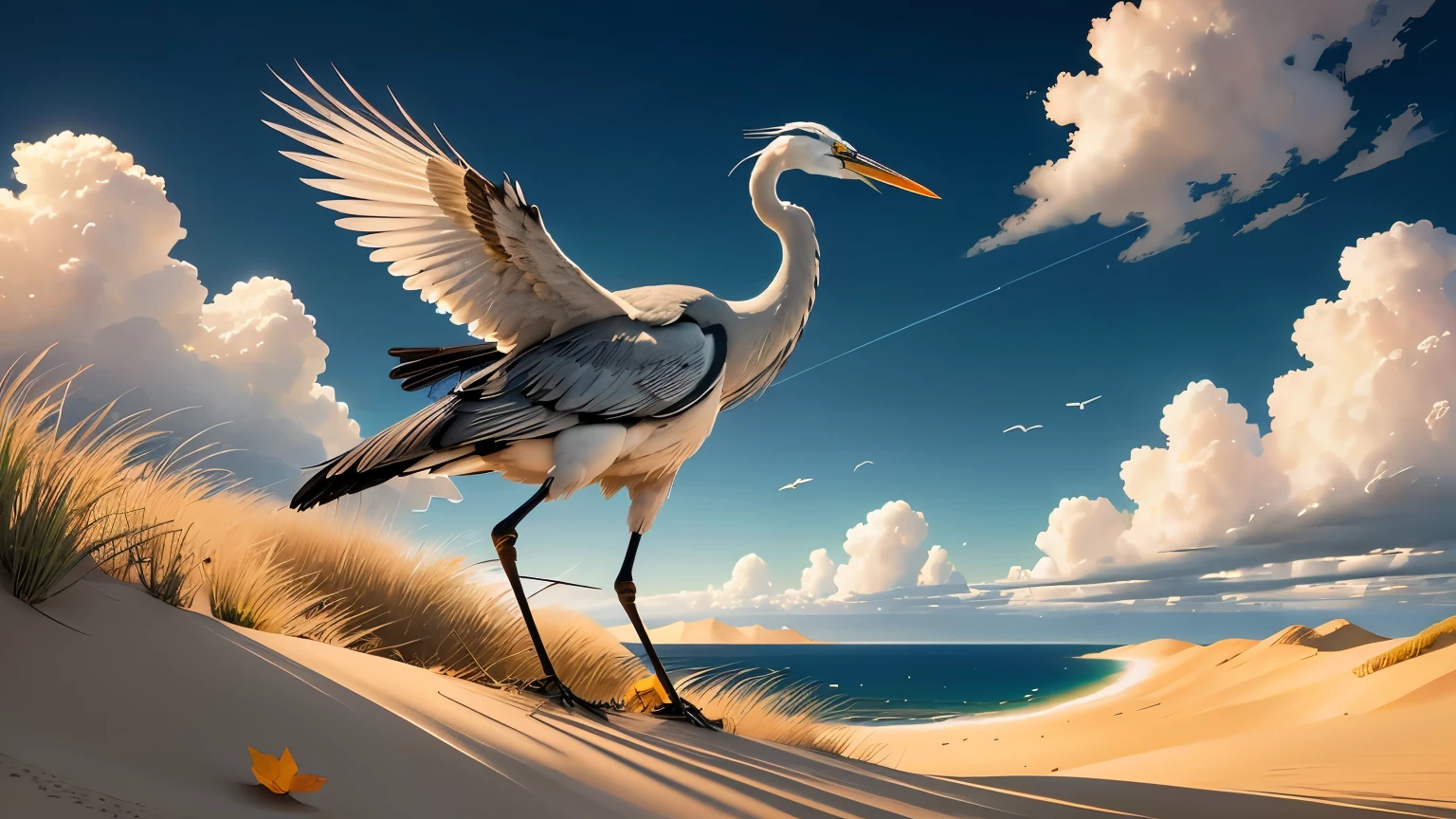 create a main character riding a large tall bird similar to the great blue heron in a beautiful flat desert landscape of a 3d video game vista , riding a giant tall blue heron bird, the main character wears a long yellow tan trench coat with hood and tinted goggles, endless miles of blowing sand dunes, riders in the far distance, blue skies with billowing white clouds pink tinged, blowing boiling swirling wind, blowing leaves of grass, dark yellow and azure, majestic, sweeping seascapes, photorealistic representation, graceful balance, wimmelbilder, Andrew Wyeth, orange, Leaves of Grass, Andrew Wyethy