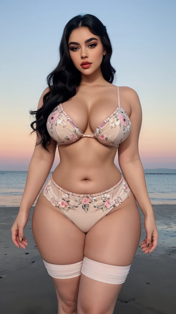 Create an 8k, best quality, ultra high regulation image with a zoom on the camera, ensuring UHD resolution and sharp focus. Capture a masterpiece with a cinematic photoshoot of a professional, beautiful woman. She should have a big, heavy-weight chest, big round size chest, and a big bulging chest with deep cleavage and an exposed chest, with the focus on her beautiful, glowing chest. She should have a big body, plus size body, with a big curvy figure and a plump face. Her beautiful lips should have noticeable lip color and attractive makeup, including face makeup, deep eyeliner, light eyeshadow, long mascara, and thick lashes. She should look gorgeous and beautiful in a full-length frame, with a slim belly, tight stomach, and visible navel. She should have a big waist, high waist, thick thighs, and a thick waist, showcasing a high figure and a beautiful look. Her face should be beautiful with smooth, white, and spotless skin, black wavy hair styled with a detailed hair design and bright highlights. The image should be extremely detailed, showing her full body in detail, as she stands and poses, wearing a floral print crop-top style dress in pastel colors. Her eyes should be extremely detailed, shaped beautifully, and visible with big, clear, and unique eyes showing depth and attraction. The iris patterns, rings, and spokes should be clear, with a bright sclera and lively appearance. Her long, thick eyelashes and delicate framed eyes should be complemented by thick, well-shaped eyebrows. The background should depict a serene beach at sunset.