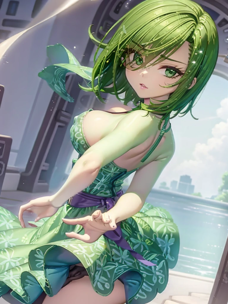 1girl, solo, beautiful girl, green skin, green eyes, big eyes, long eyelashes, green hair, short hair, shiny hair, asymmetrical bangs, asymmetrical hair, medium breasts, green dress, strapless dress, floral print dress, short dress, green belt, purple scarf, looking at viewer, bare arms, bare shoulders, disgust face, narrow waist, big butt, violet lips, lip gloss, makeup, perfect hands, perfect anatomy, dress pull, breasts slip, nipple slip, puffy nipples, cleavage, topless, partially undressed, breasts focus, purple background, round windows, inside,