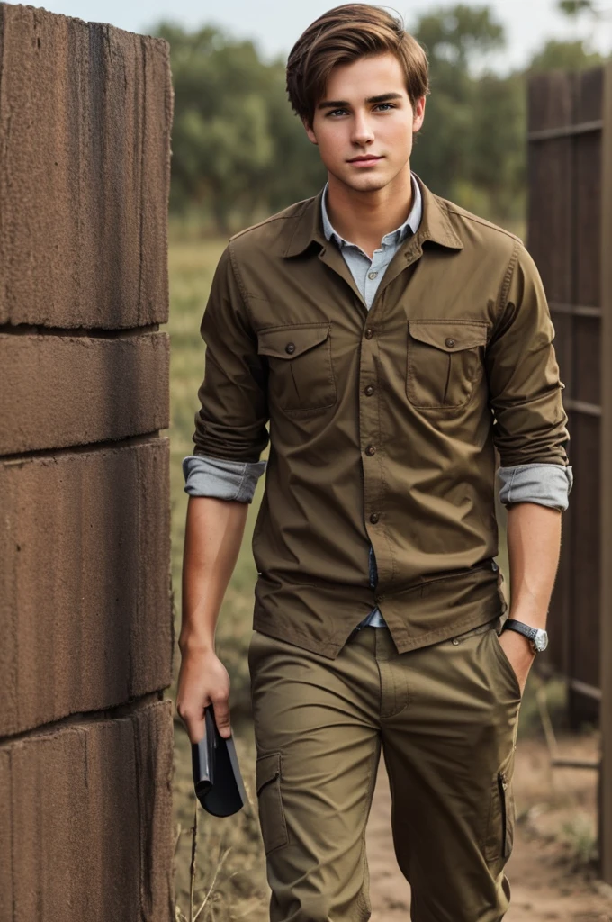 Create a young man, casual but professional appearance, with brown hair and eyes that reflect his curiosity and intelligence and with practical and appropriate clothing for his field work.