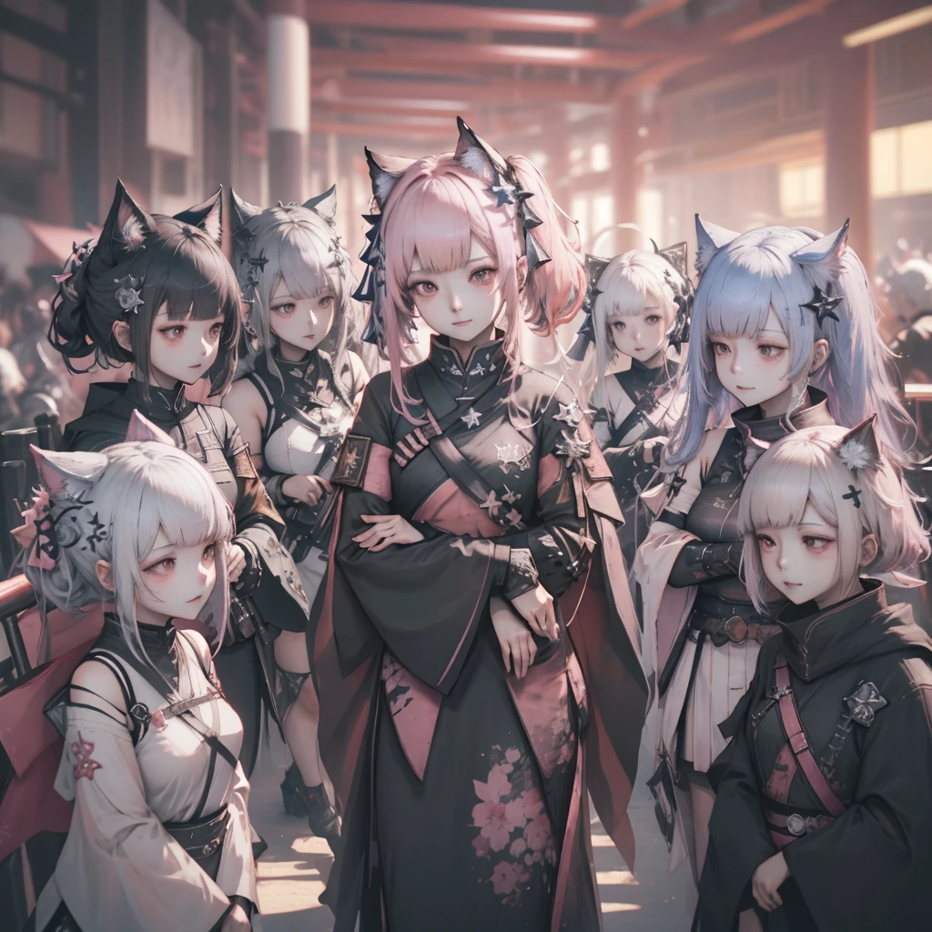there are many anime characters on a wall with a star, arknights, from arknights, fate grand order, from bravely default ii, crisp clear rpg portrait, chibi, characters from azur lane, kantai collection style, genshin, art of kirokaze pixel, hd artwork, kantai collection arcade, video game genshin impact, granblue fantasy+++++arafed image of a group of asian women posing for a picture, (pink colors), trending at cgstation, pink skin, trending on cgstation, portrait of a pink gang, 1 as february), ulzzang, ((pink)), pink clothes, trending on bbwchan, yanjun chengt, in girls generation, pastel pink skin tone