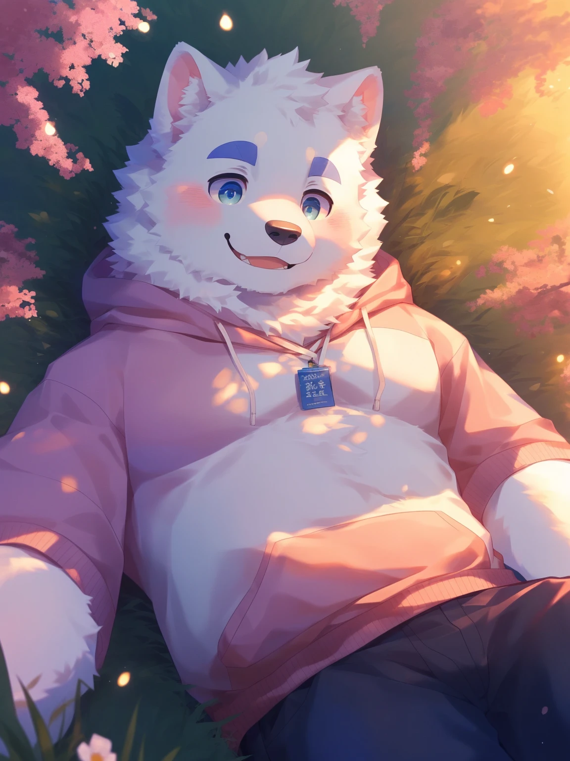 (Imagine:1.5), solitary, anthropology, hairy, hairy male, Samoyed, ((Fluffy fur, Fluffy, hairy body)), (Samoyed print), (thick eyebrows), youth, muscular, The skin is white and big, Blue-gray pupils, Detailed teeth, , sideways, 害羞expression, 淡淡的Smile, blush, (動態posture:1.5), clear facial features, strong, majestic, solitary, panoramic, Fog atmosphere, early morning, Tyndall light effect, (author:ghost of emptiness, From Samoyed20, masterpiece, high quality, High resolution,8K)Animal species**:Samoyed- **expression**:Smile,blush - **decorate**:Blue and pink wreath - **posture**:(lying down:1.2),Hand reaching for the camera - **Scenes**:green grassland - **detail**:There are flowers of various colors on the grassland - **visual angle**:俯視 - Samoyed(lying on the grass:),從俯visual angle度看過去。 - Samoyed的頭部微微傾斜,臉上帶著Smile,There is a slight blush on the cheeks。 - One hand reaches towards the camera,Seems to be greeting the audience。 - Wearing a wreath of blue and pink flowers on her head。 - There are flowers of various colors on the grass,background soft tones,Bright colors。(Pink sweatshirt:)Male Male Male Male (Looking down from a distance:1.2) (night:1 .2) (firefly:1.2) Male Male