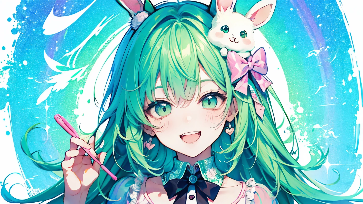 chibi character,Rabbit motif,(brush),((cute,kawaii,wonderland)),((pastel color)),((Cute assortment)),(Shy laugh),Shiny green hair,(Rainbow),((Angel:1.2)),((I love hold:1.25)),????