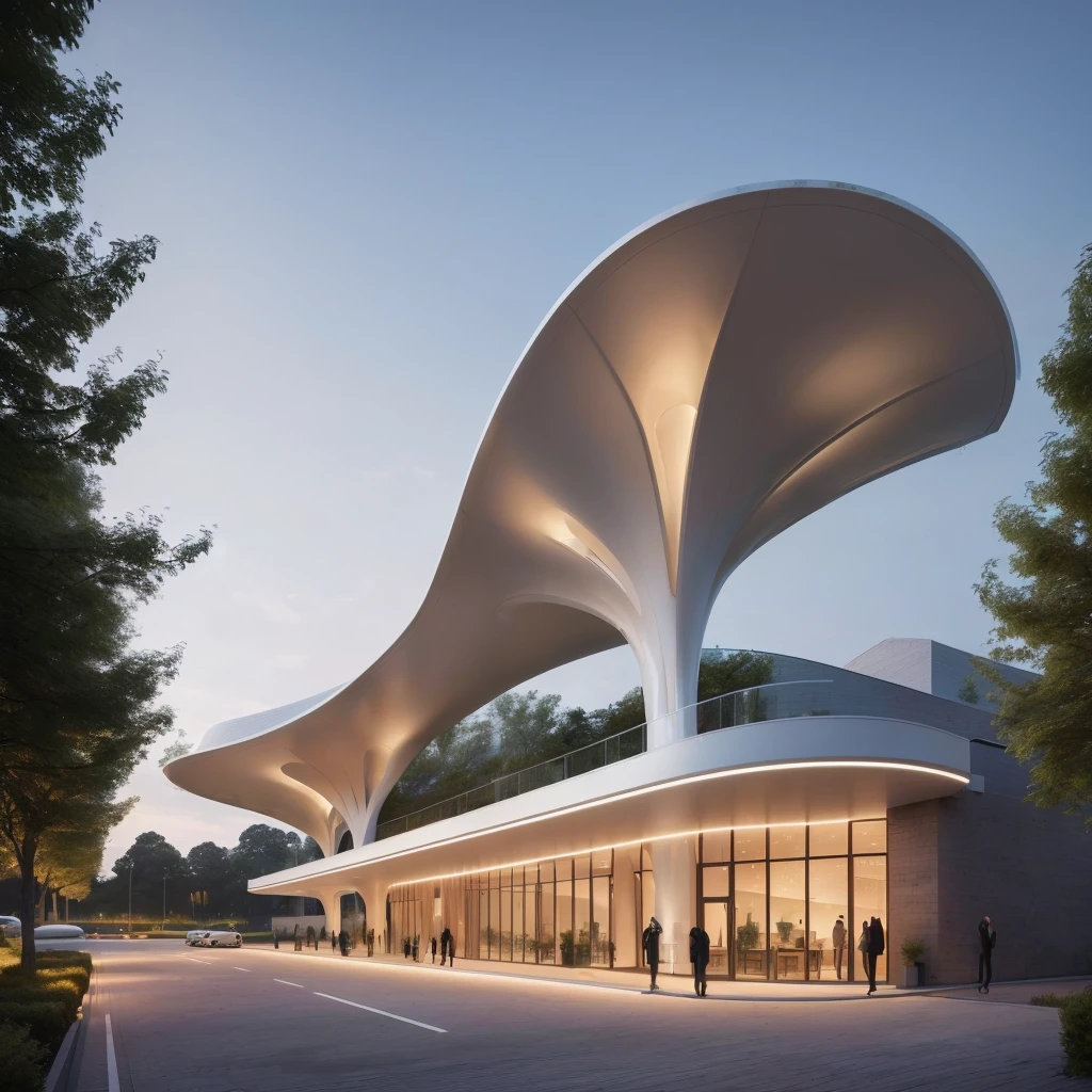 Alafi structure with curved roof and glass walls, by Zha Shibiao, inspired by Zha Shibiao, in style of zaha hadid architect, Inspired by Joao Artur da Silva, Rendering, architectural Rendering, 建筑Rendering, conceptual Rendering, By Jang Seung-eop, Smooth architecture, Curved Building