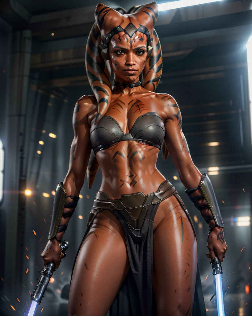 1girl, detailed, masterpiece,HDR, detailed sharp, best quality, solo, looking at viewer, ((StarWAhsoka)), 1girl, ((RED skin)), white facial mark, rosario dawson red skin, orange eyes, facial mark, ((tattoo)), pelvic curtain, armor,
