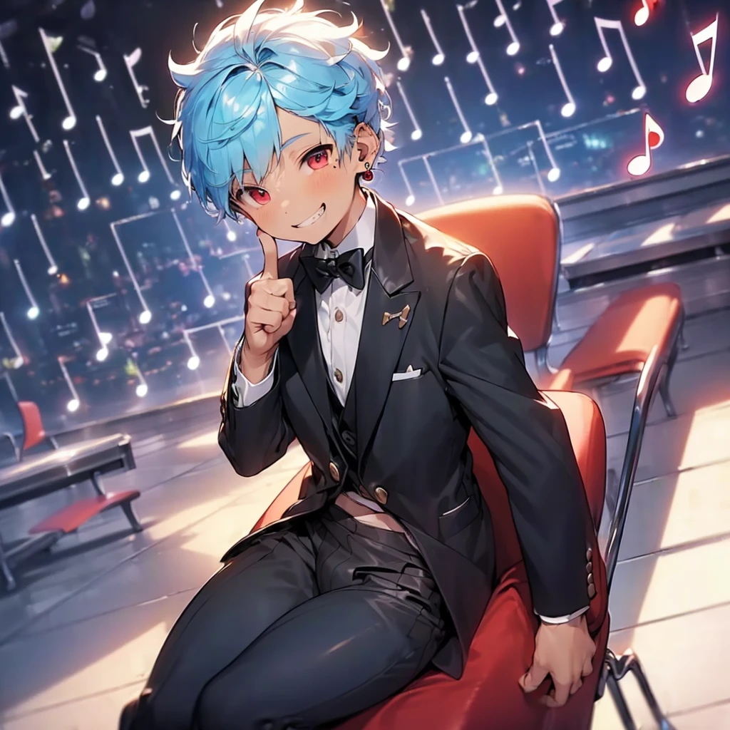 (solo:2.5), (boldline:-1.7), (put index finger on mouth:1.5), (floating musical notes:1.7), (sitting on red chair:1.5), (((fang))), (((best finger))), BREAK (best quality:1.5), (absolutely resolution:1.5), (ultra detailed:1.5), (masterpiece:1.5), (perfect face), (detailed face), (detailed eyes:1.3), (best eyes), (cute face), (shota:2), BREAK (tuxedo:1.5), (bulge:1.6), (skinny:1.3), BREAK (light blue hair:1.5), (spiked hair), (wine red eyes:1.4), (eyes with highlight:1.6), ((mole under eye)), (sweaty skin), (grin:1.5), ((earrings)), (shiny skin:1.3), BREAK (concert hall:1.5), (spot light:1.3), (at concert), (many people), ((wind blowing)), frow below, close up,