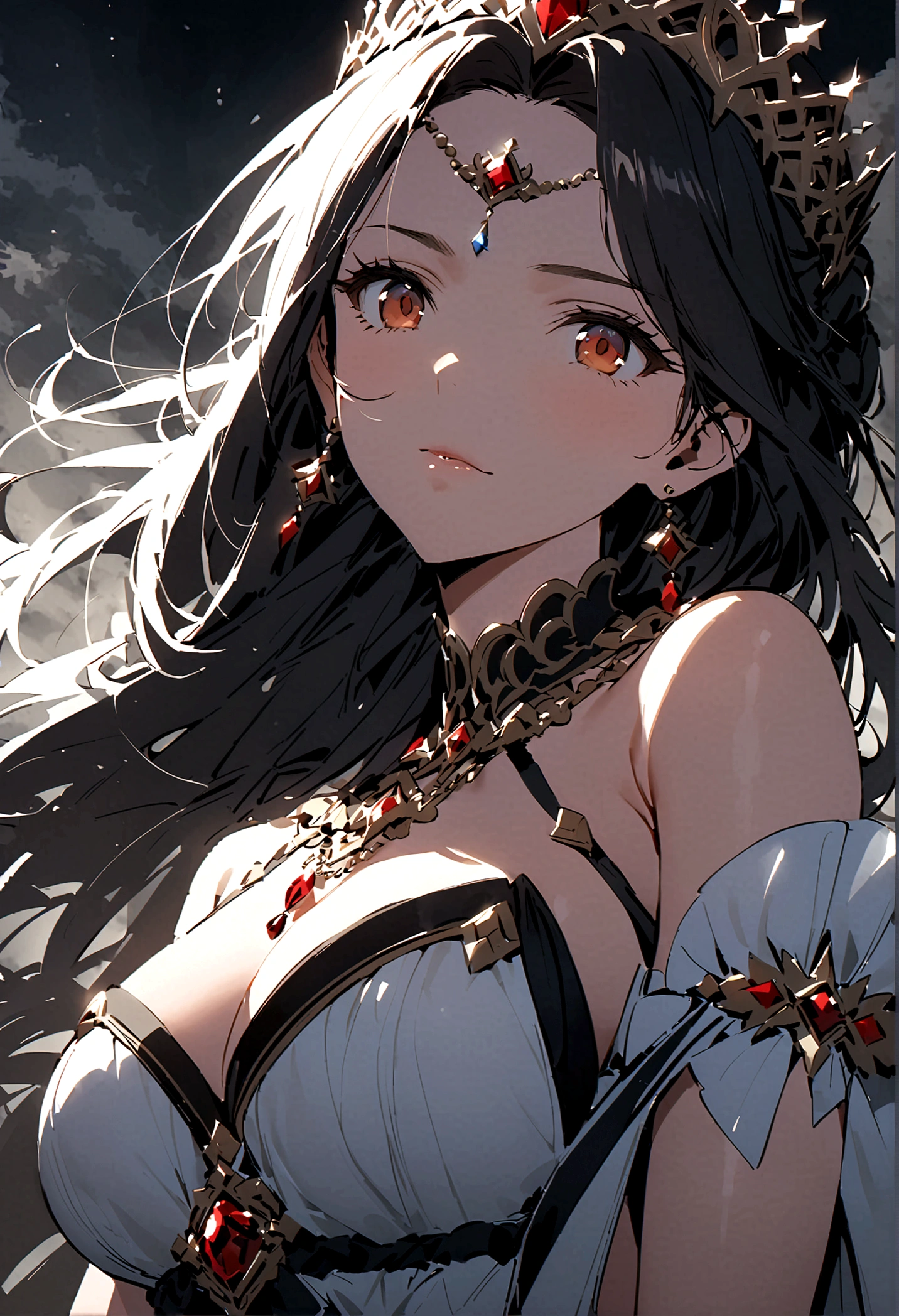 (only one person),Dark sky,((Winter)),dark clouds,Ice Crown,goddess,(Short flowing hair),Sexy,noble,grace