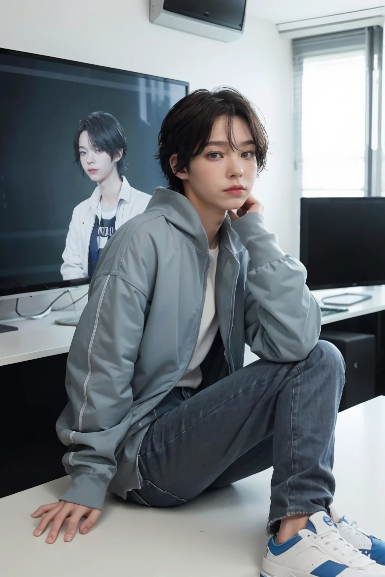 Best quality: 1.0), (Super High Resolution: 1.0), Anime boy, short royal blue hair, green eyes, grey zip up jacket, Nintendo t-shirt, slight smile, long blue jeans pants, blue and white tennis shoes, sitting in front of computer playing games, background in esports room, 1girl,