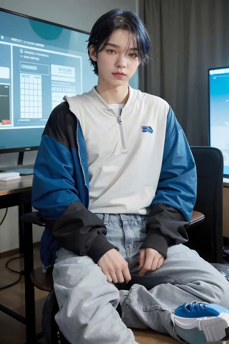 Best quality: 1.0), (Super High Resolution: 1.0), Anime boy, short royal blue hair, green eyes, grey zip up jacket, Nintendo t-shirt, slight smile, long blue jeans pants, blue and white tennis shoes, sitting in front of computer playing games, background in esports room, 1girl,