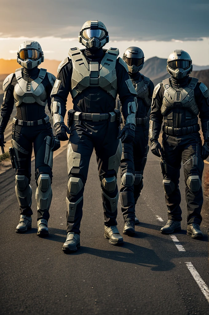 Recreate a logo with 3 friends, 1 with tactical biker suit, 1 with Ghost costume from call of duty, 1 with halo suit.