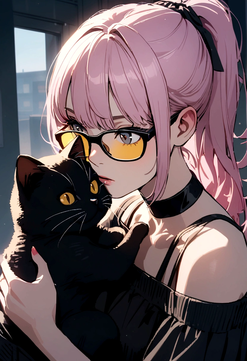 girl with light pink hair, high ponytail, yellow glasses, gray eyes, black shirt, off-shoulder, holding a black stuffed cat, white phone