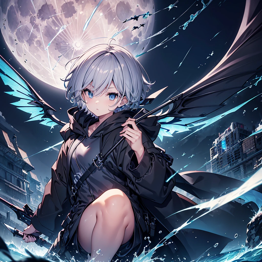 ((((grim Reaper inflammation)))) (((Gray Hair Short Hair blue eyes female Close-up))),((night full moon My own big wings)),(Wearing a hood Black hoodie Purple light), A tense look Shining Background Shining Edge