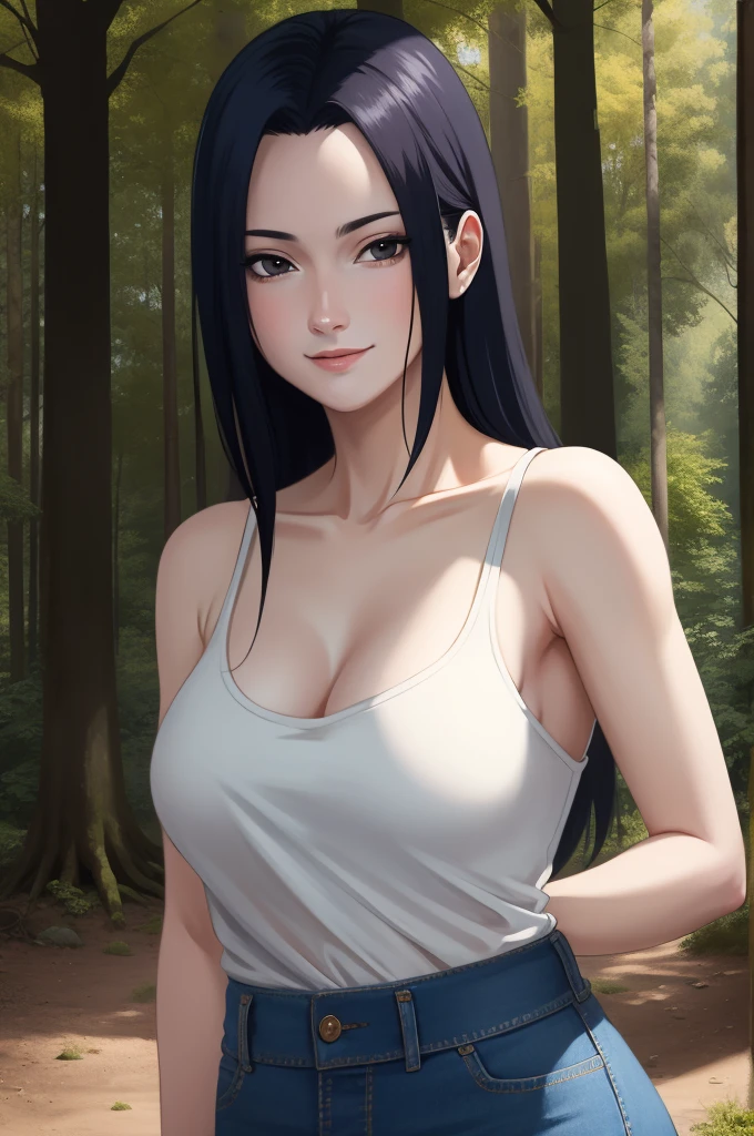 Mikoto Uchiha, oil painting, ultra-detailed, realistic, portrait, vivid colors, soft lighting, (best quality,4k,8k,highres,masterpiece:1.2), professional, long black hair, black eyes, beautiful detailed eyes and face, extremely detailed smile, long eyelashes, looking at viewer, very short top, big ass, bare shoulders, white shorts, outdoors, forest, cowboy shot, clavicle.