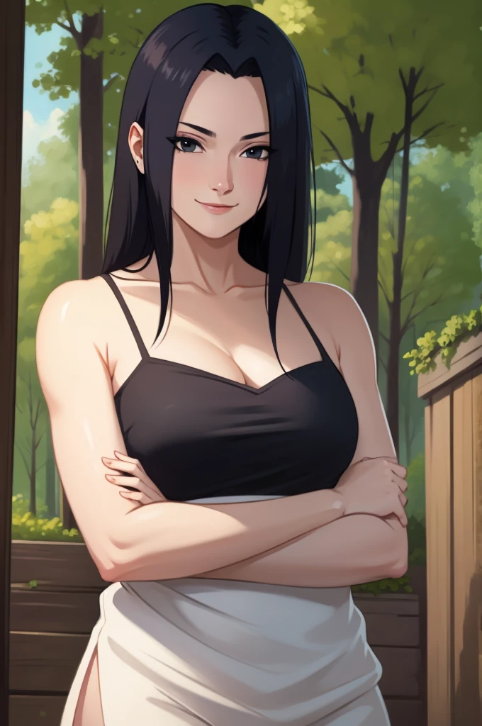 Mikoto Uchiha, oil painting, ultra-detailed, realistic, portrait, vivid colors, soft lighting, (best quality,4k,8k,highres,masterpiece:1.2), professional, long black hair, black eyes, beautiful detailed eyes and face, extremely detailed smile, long eyelashes, looking at viewer, very short top, big ass, bare shoulders, white shorts, outdoors, forest, cowboy shot, clavicle.