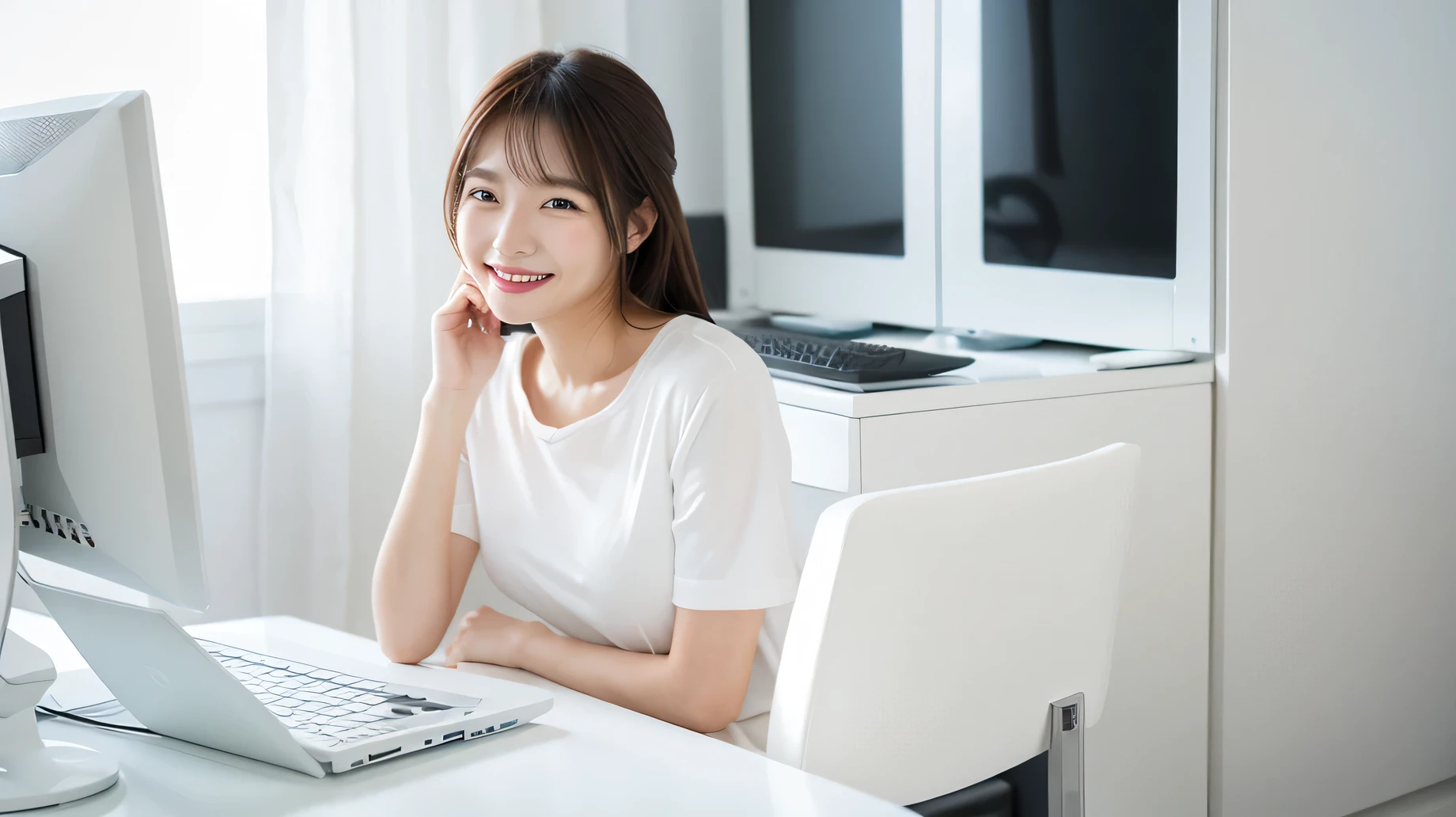 Sitting facing me in a feminine white room、A woman smiling at a computer