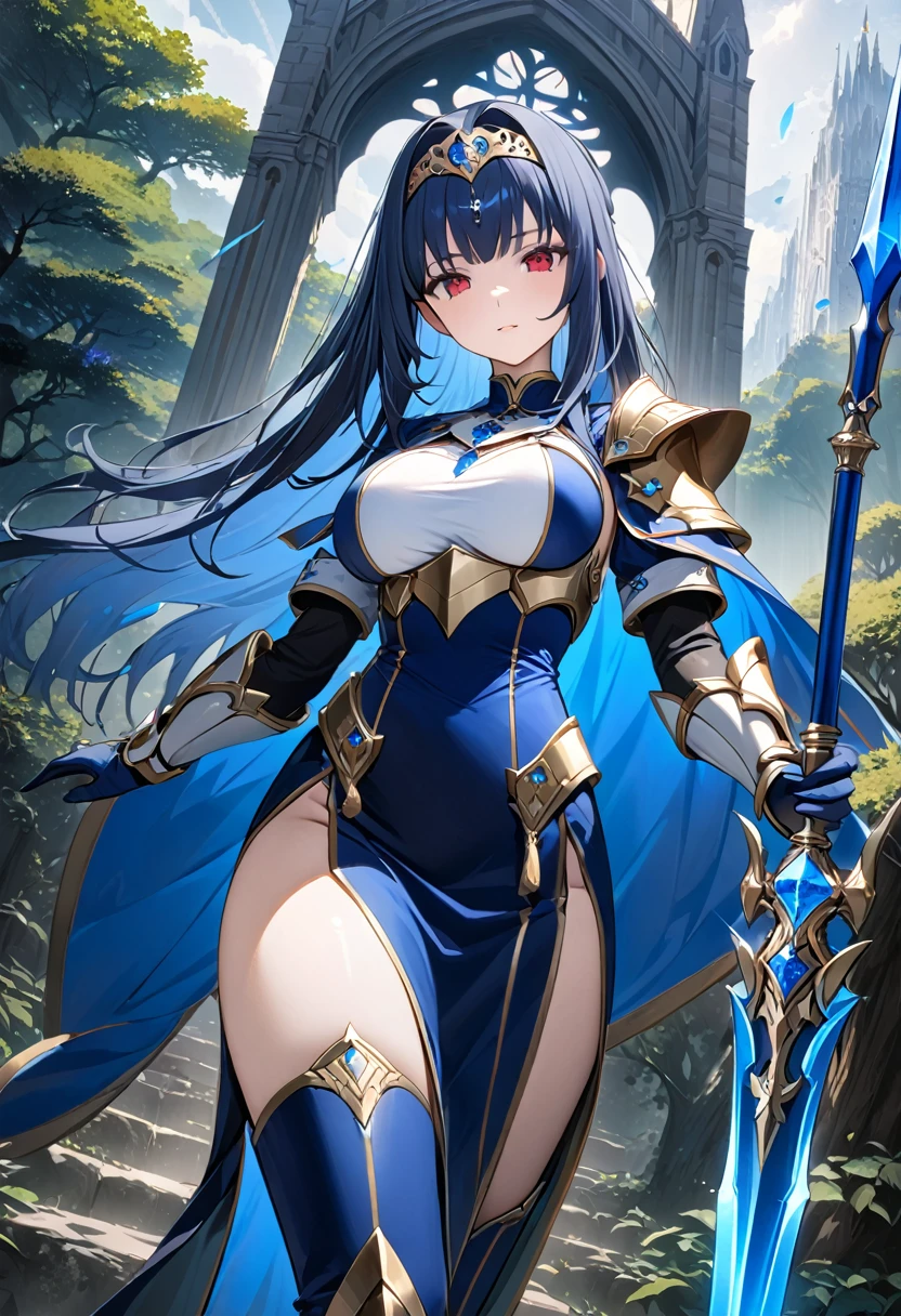 Highest quality、unity 8k wallpaper、32k、masterpiece、Very detailed、Ultra-high resolution、Very detailedな顔, RAW Photos, Professional, Ultra-fine painting, 、Midnight blue long straight hair、Platinum tiara with blue gemstones、Blue Nun Cape、Red Eyes、(Tree Eyes), Cool and sharp features, hime cut, 20~A female magical warrior, about 24 years old.、White and gold breastplate、Blue and white leotard、(((Blue and white gold-embellished long pencil skirt with side armor and long slits)))、Half puff sleeves with shoulder pads、A large white ribbon with a large sapphire on the chest、White and blue long gloves、(((White and blue thigh-high stiletto boots:1.0)))、whole body、He has a spear with a glowing blue blade