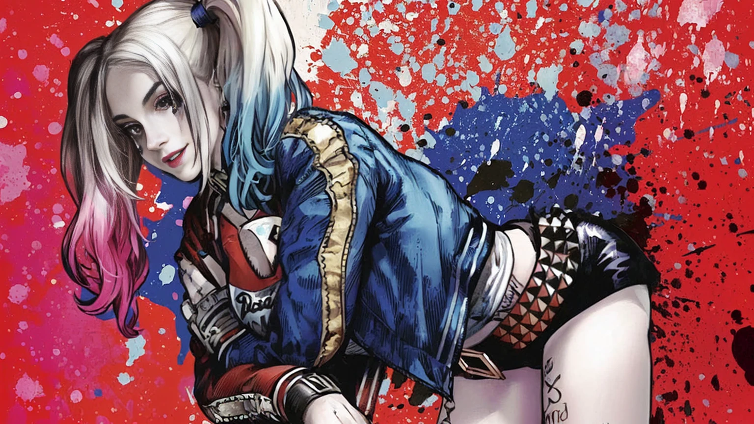 a close up of a woman with a pink hair and blue jacket, harley queen, of harley quinn, harley quinn, harley quinn standing, portrait of harley quinn, lady gaga is harley quinn, film still of harley quinn, hq artwork, emma watson is harley quinn, margot robbie as harley quinn, hd artwork, emma watson as harley quinn, harley quinn film still