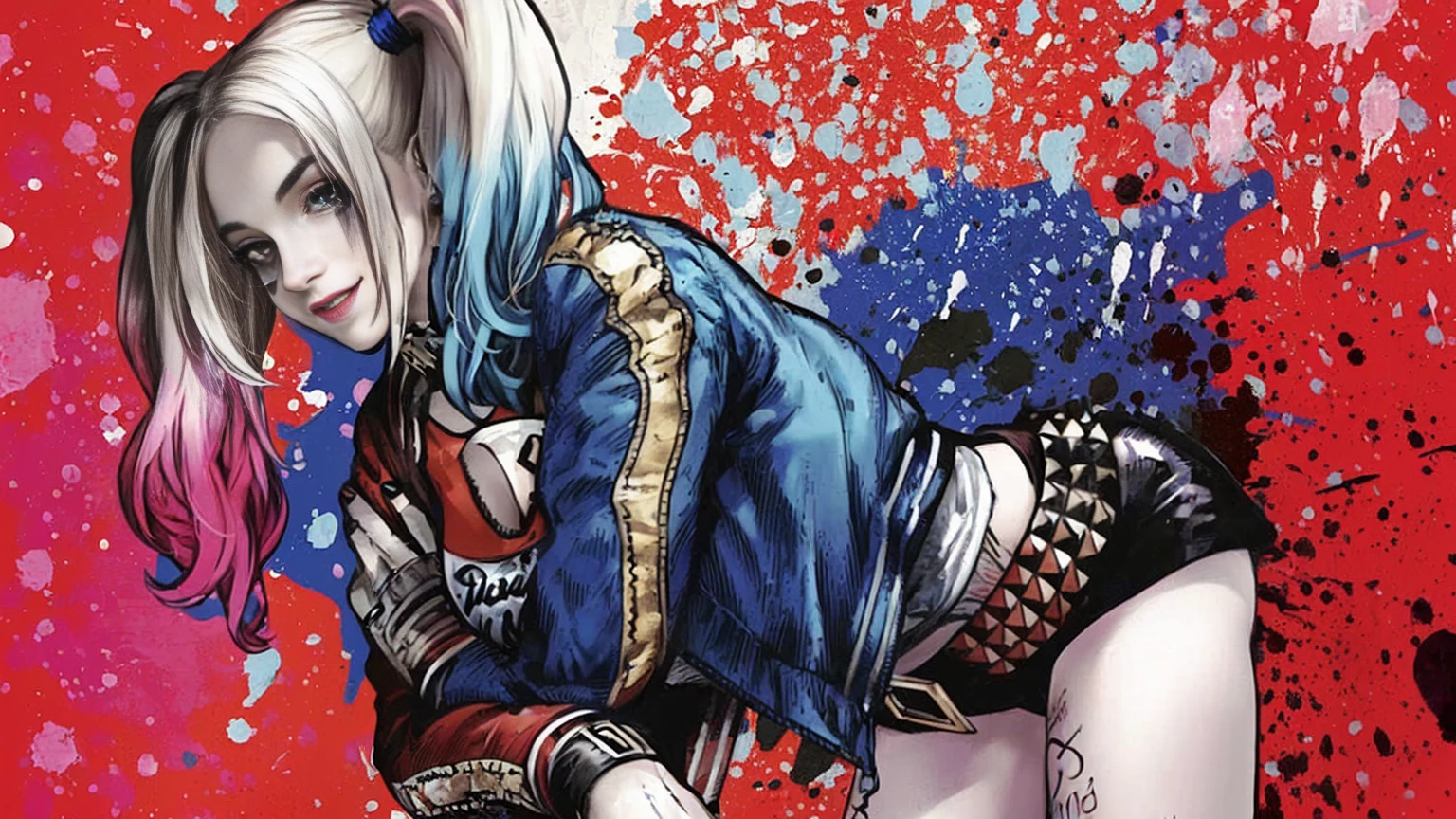 a close up of a woman with a pink hair and blue jacket, harley queen, of harley quinn, harley quinn, harley quinn standing, portrait of harley quinn, lady gaga is harley quinn, film still of harley quinn, hq artwork, emma watson is harley quinn, margot robbie as harley quinn, hd artwork, emma watson as harley quinn, harley quinn film still