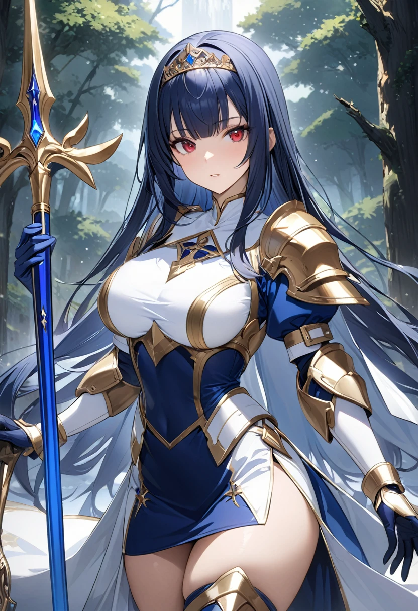 Highest quality、unity 8k wallpaper、32k、masterpiece、Very detailed、Ultra-high resolution、Very detailedな顔, RAW Photos, Professional, Ultra-fine painting, Midnight blue long straight hair、Platinum tiara with blue gemstones、Blue Nun Cape、Red Eyes、(Tree Eyes), Cool and sharp features, hime cut, 20~A female magical warrior, about 24 years old.、White and gold breastplate、Blue and white leotard、(((Blue and white gold-embellished long pencil skirt with side armor and long slits)))、Half puff sleeves with shoulder pads、A large white ribbon with a large sapphire on the chest、White and blue long gloves、(((White and blue thigh-high stiletto boots:1.0)))、whole body、He has a spear with a glowing blue blade