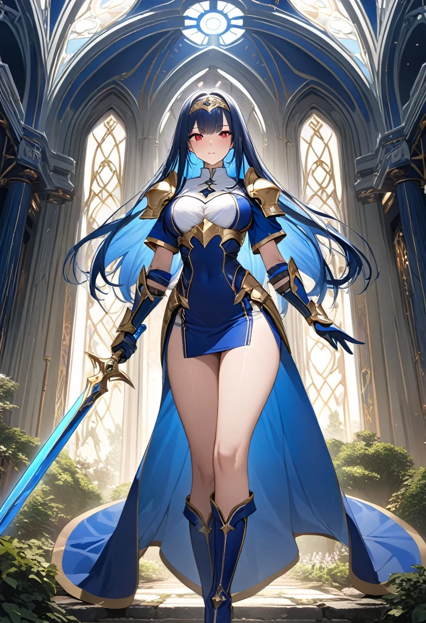 Highest quality、unity 8k wallpaper、32k、masterpiece、Very detailed、Ultra-high resolution、Very detailedな顔, RAW Photos, Professional, Ultra-fine painting, Midnight blue long straight hair、Platinum tiara with blue gemstones、Blue Nun Cape、Red Eyes、(Tree Eyes), Cool and sharp features, hime cut, 20~A female magical warrior, about 24 years old.、White and gold breastplate、Blue and white leotard、(((Blue and white gold-embellished long pencil skirt with side armor and long slits)))、Half puff sleeves with shoulder pads、A large white ribbon with a large sapphire on the chest、White and blue long gloves、(((White and blue thigh-high stiletto boots:1.0)))、whole body、He has a spear with a glowing blue blade