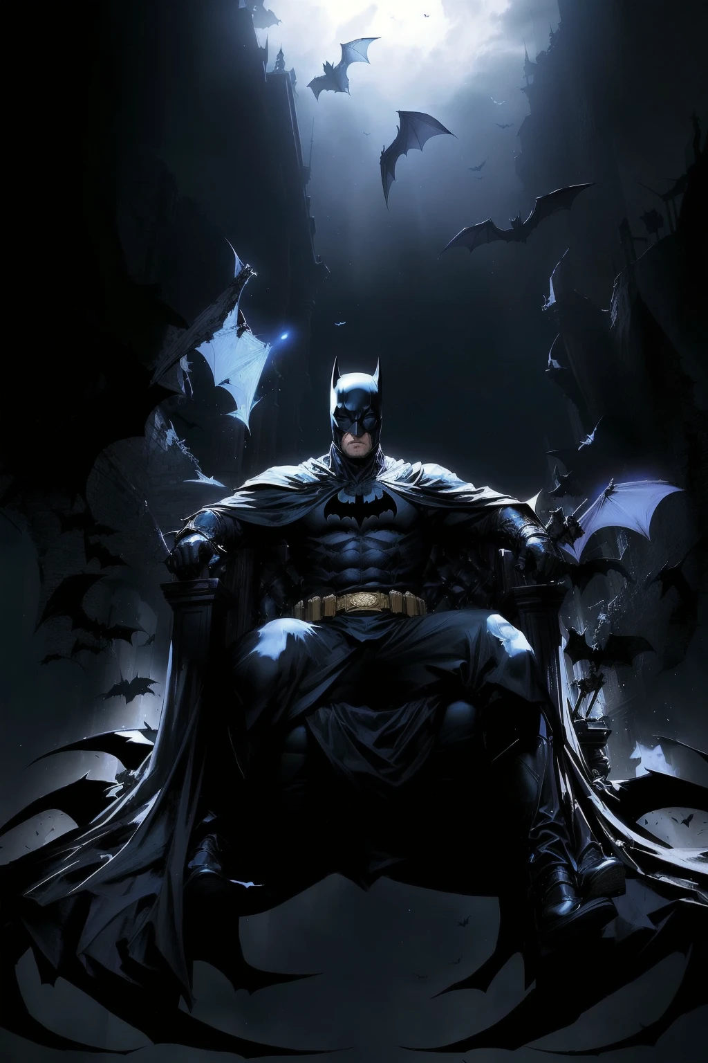 bat Man sitting on a throne with bats flying around, b