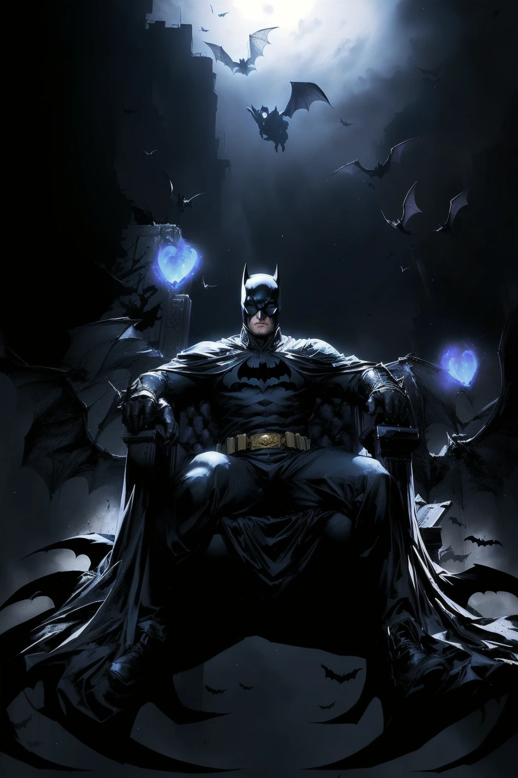 bat Man sitting on a throne with bats flying around, b